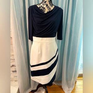 SANDRA DARREN NAVY & WHITE  Sheath Dress,Drape Front, 3/4" slv Size 12